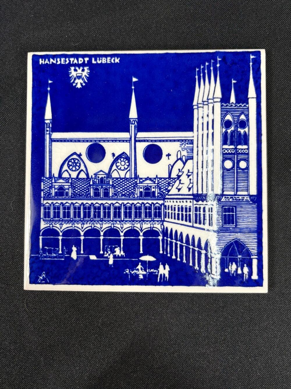 Vintage Handsestadt Lubeck Blue Tile created by Alfred Evers City Hall with Box